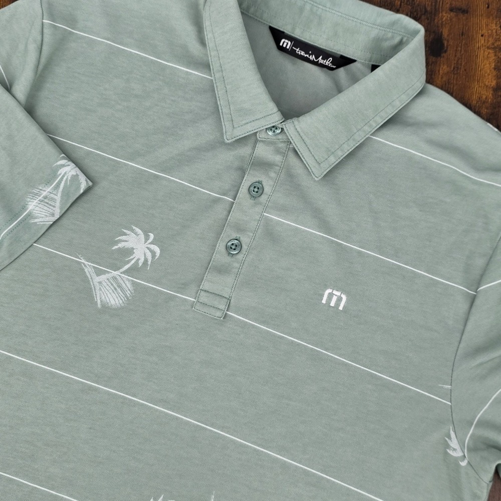 Travis Mathew‎ Men's Polo Shirt Green Striped Floral Palm Pima Blend Sz M Golf